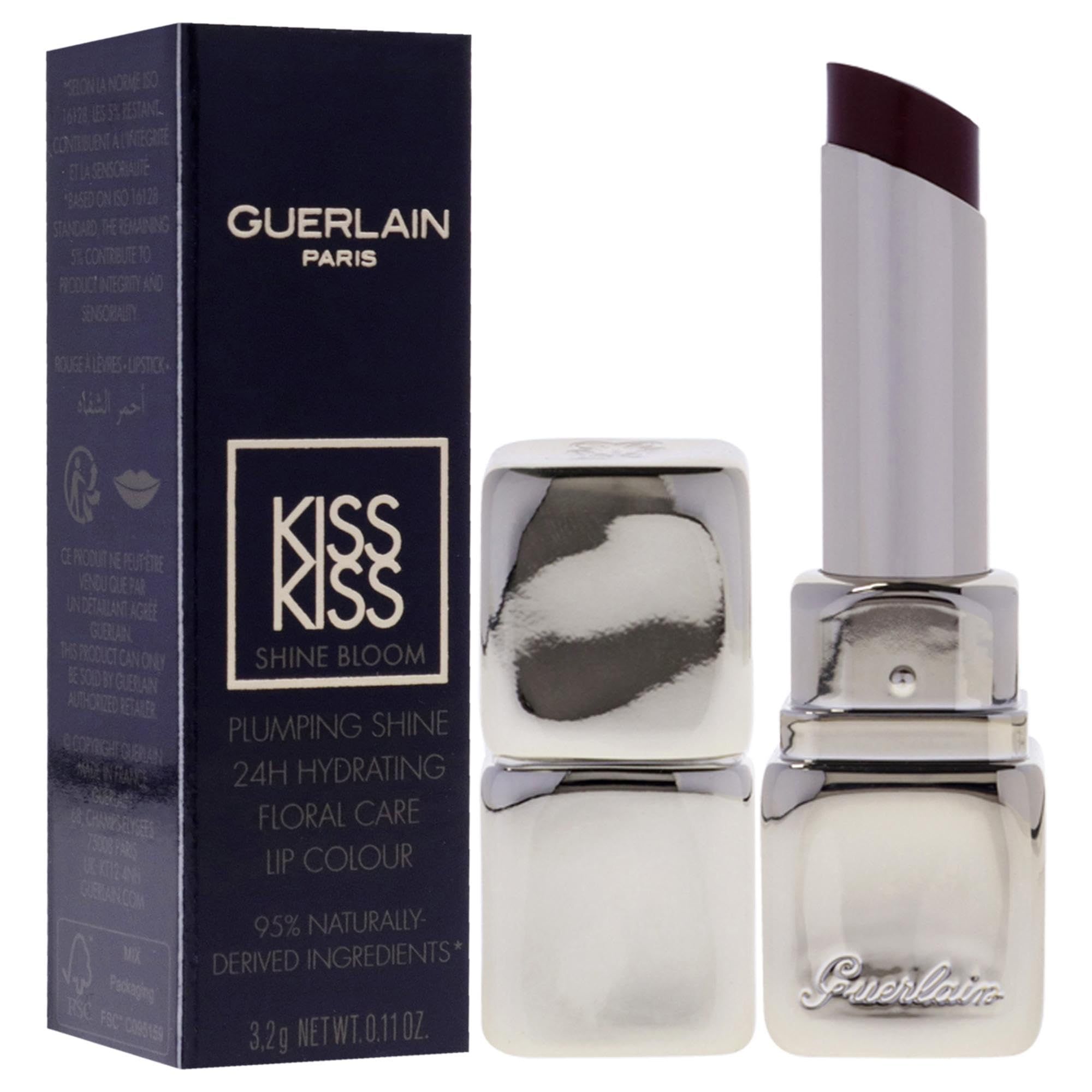 Rossetto rosso scuro in astuccio argentato, coperchio argentato e confezione nera accanto. Marchio: Guerlain.