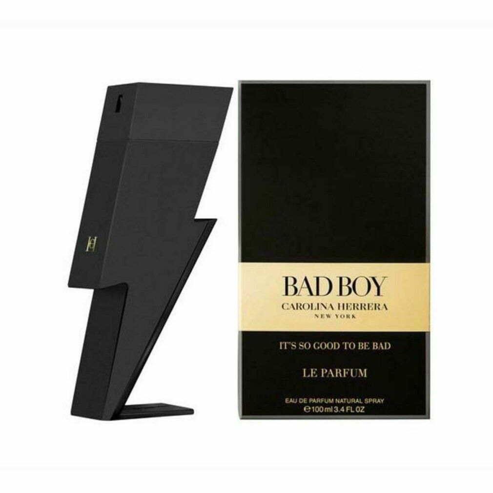 Flacone nero a forma di fulmine e scatola rettangolare. Sulla scatola si legge "BAD BOY" e "LE PARFUM".