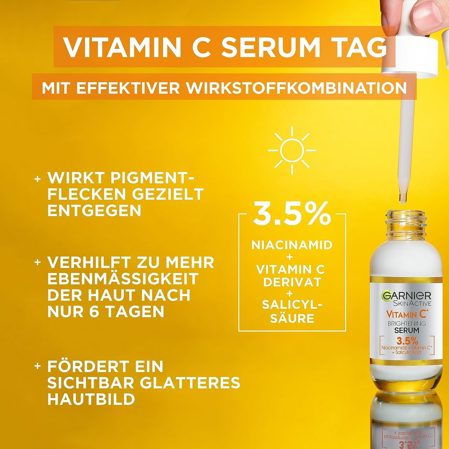 Flacone di siero con applicatore. Testo: Siero vitamina C giorno. 3,5% Niacinamide. Garnier SkinActive.