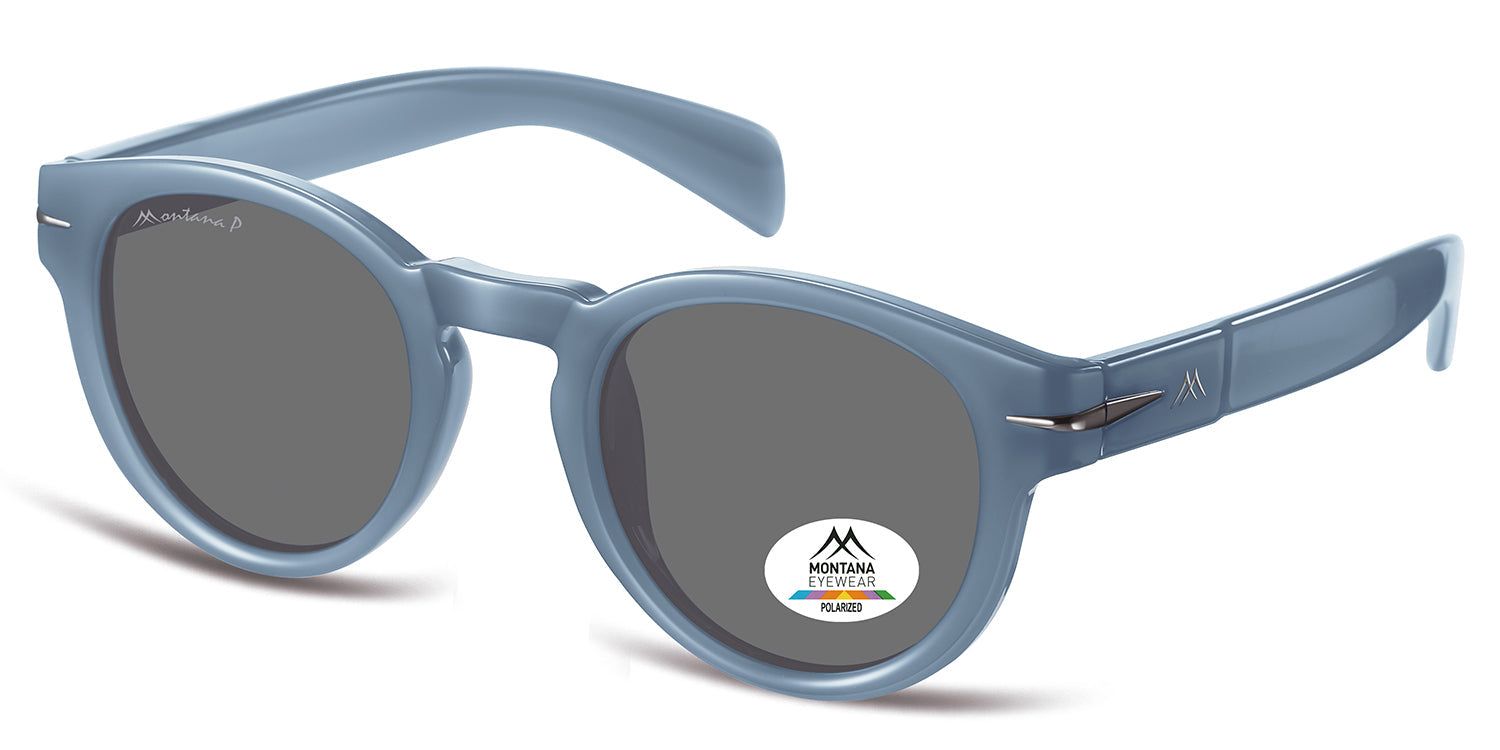 Occhiali da sole azzurri, vista laterale. Lenti rotonde, logo Montana Eyewear sulla stanghetta e sulla lente. Lenti polarizzate.