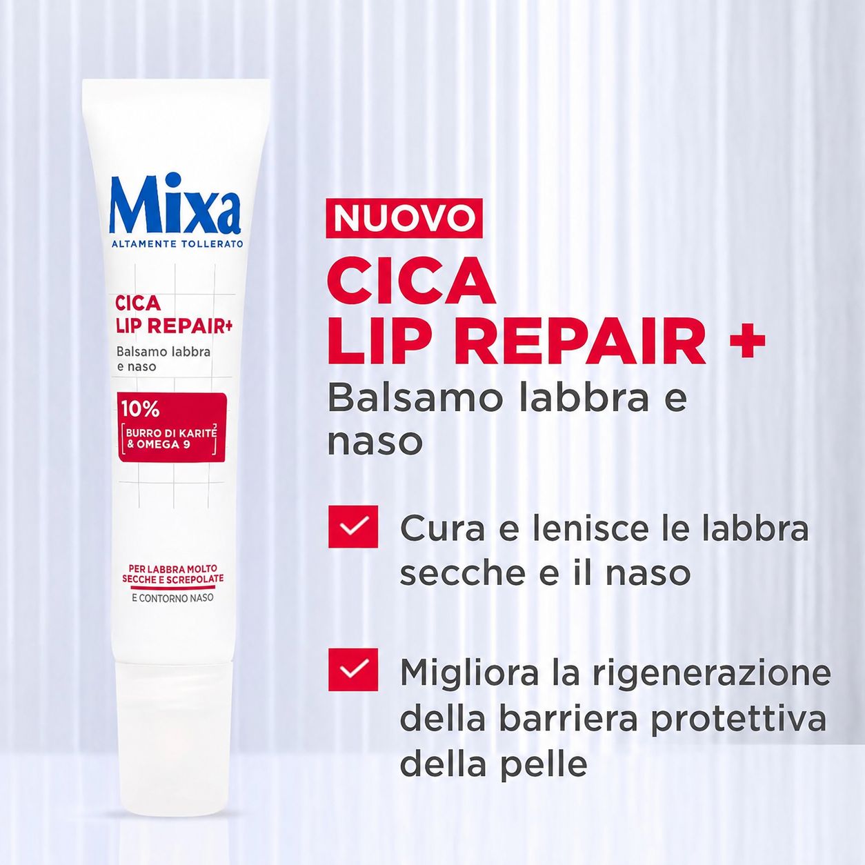 Tubo bianco Mixa Cica Lip Repair+ Balsamo labbra e naso. Rettangolo rosso: Cica Lip Repair+. Cura labbra e naso secchi.