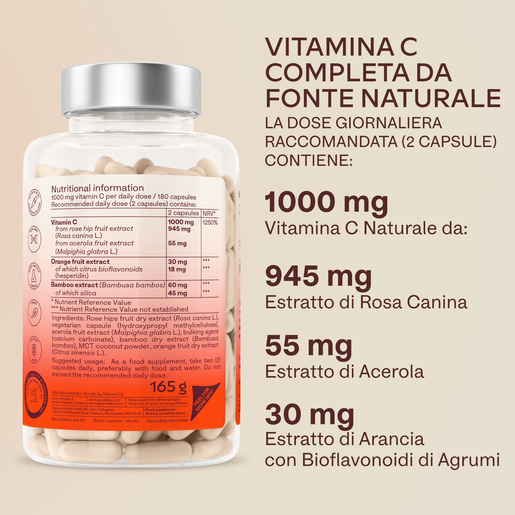 Capsule in una ciotola. Simboli: Vegano, senza glutine, non OGM, ecc.