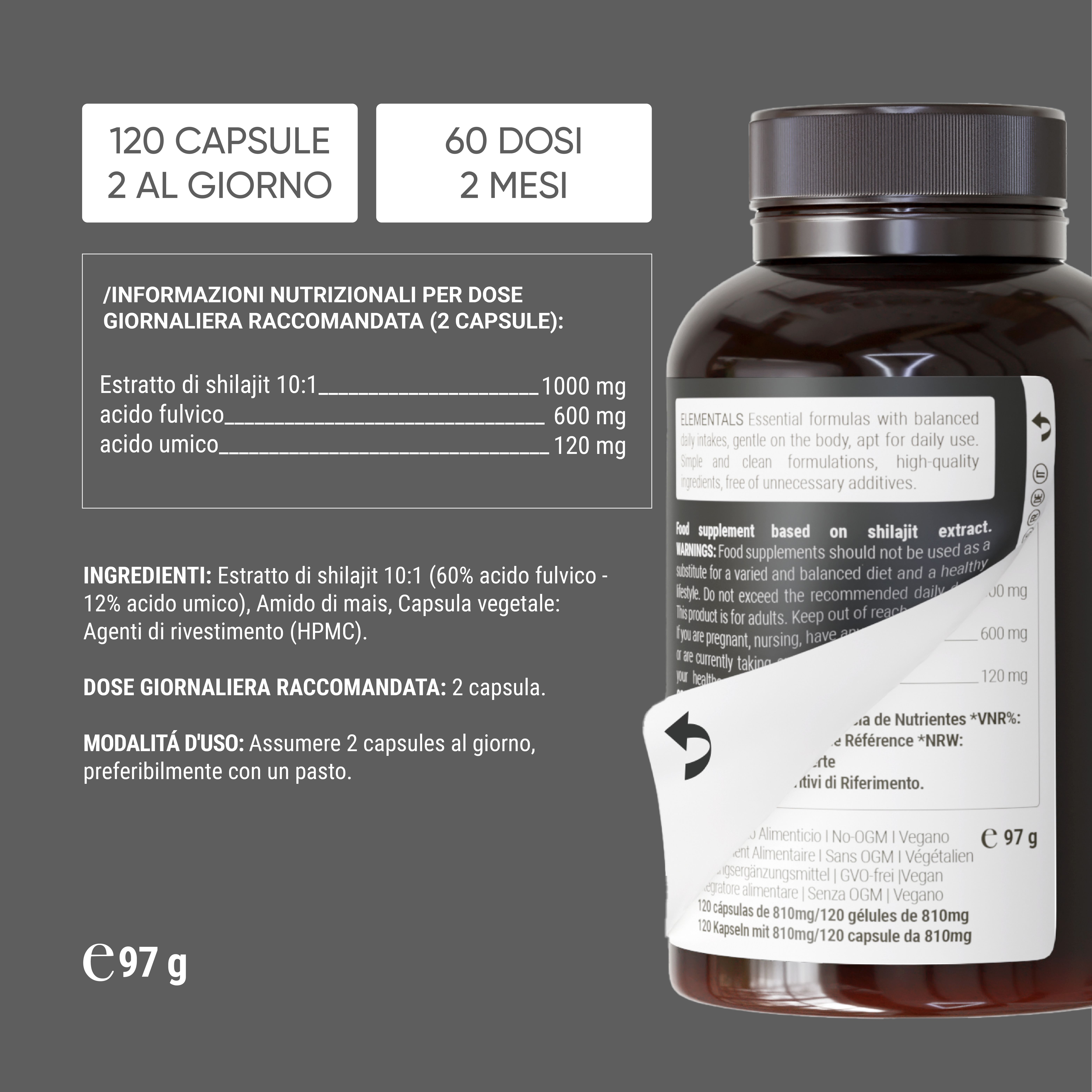 Etichetta con informazioni nutrizionali e ingredienti. Testo: Estratto di Shilajit, acido fulvico, acido umico.