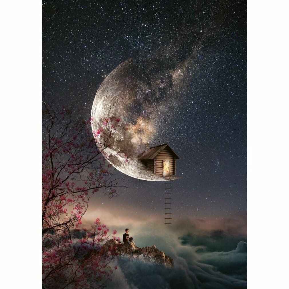 Luna con casa e scala. Uomo seduto su una roccia. Albero in fiore rosa. Cielo stellato e nuvole.