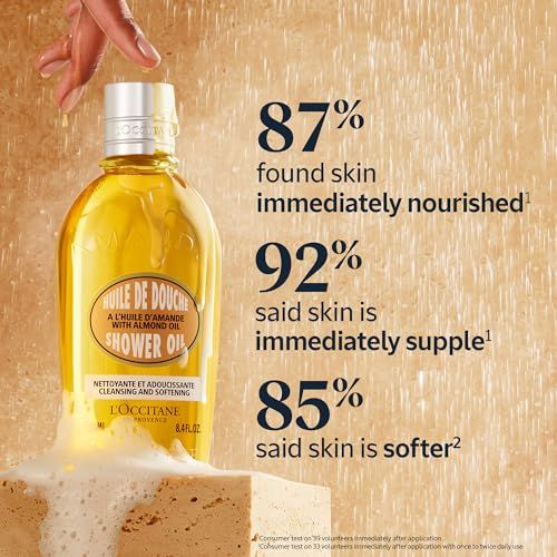 Flacone giallo con pompa. Scritta: Huile de Douche, Shower Oil, L'Occitane. Testo: 87%, 92%, 85%.