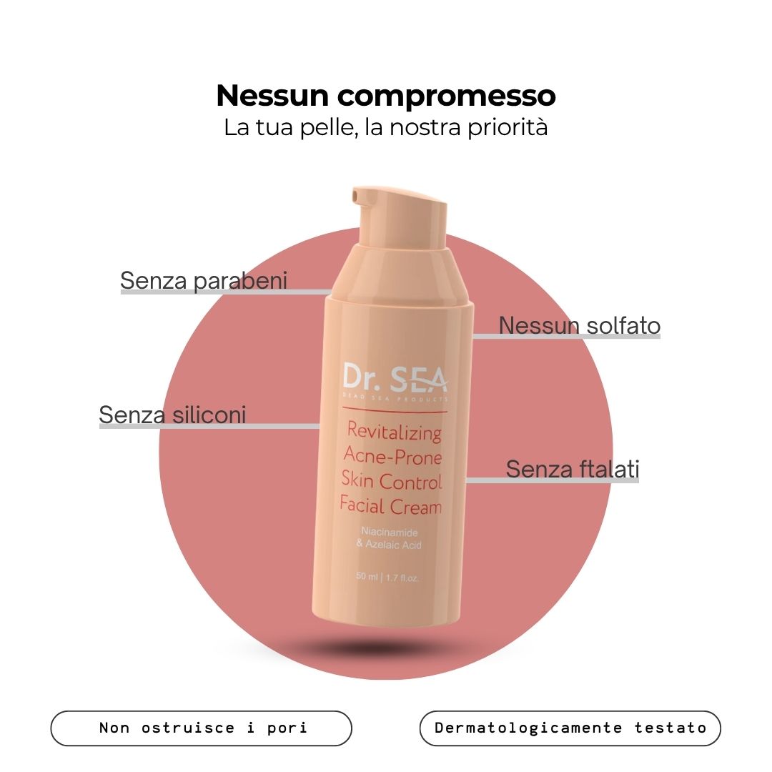 Tubo di crema con testo: Dr. SEA, Revitalizing Acne-Prone Skin Control Facial Cream. Senza parabeni, solfati, siliconi, ftalati.