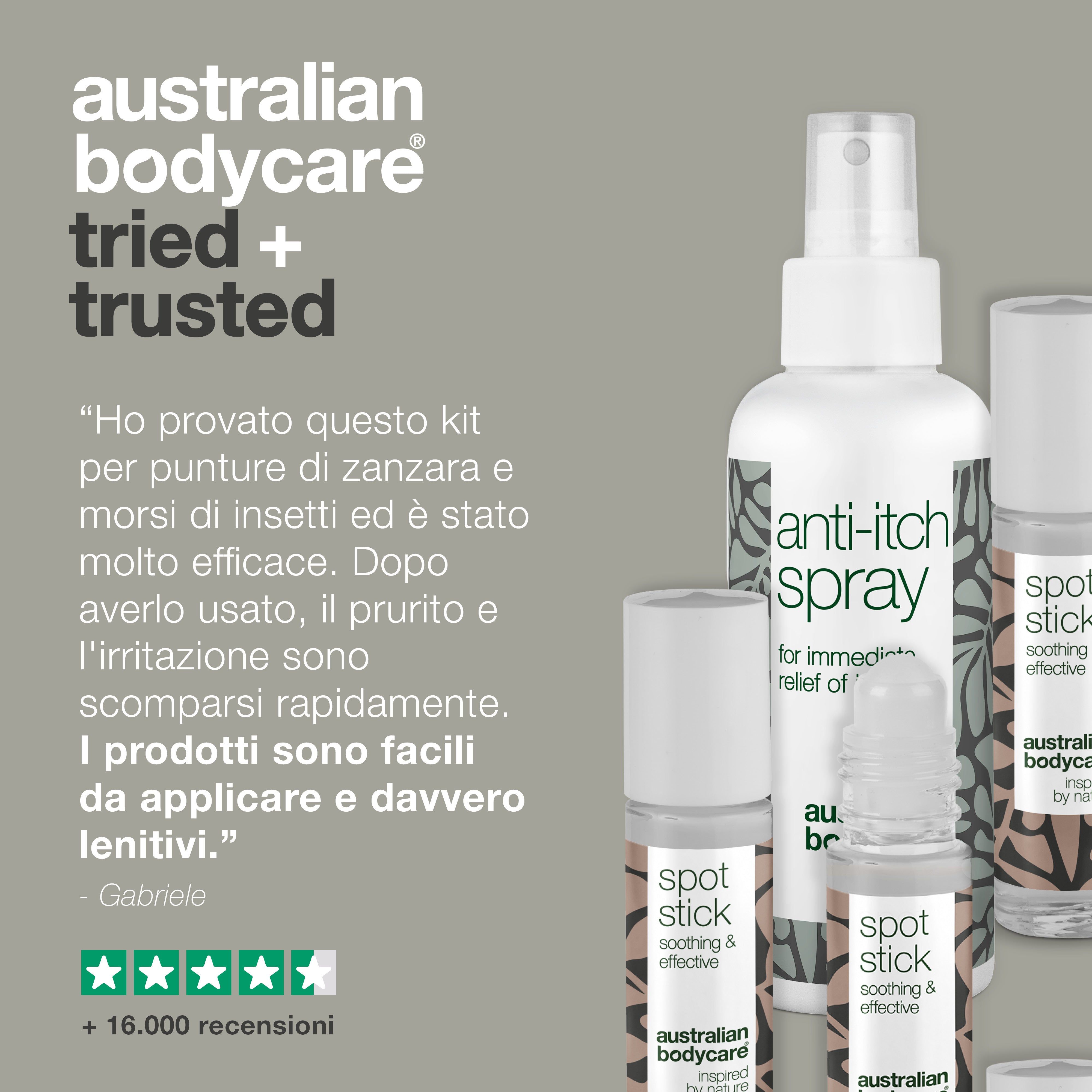 Grafica con testo: Perché Australian Bodycare? Prodotti: spray anti-prurito e roll-on Spot Stick.