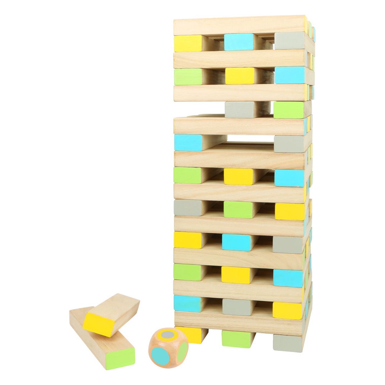 Torre di legno con blocchi parzialmente rimossi. Colori: grigio, blu, giallo, verde. Dadi accanto.