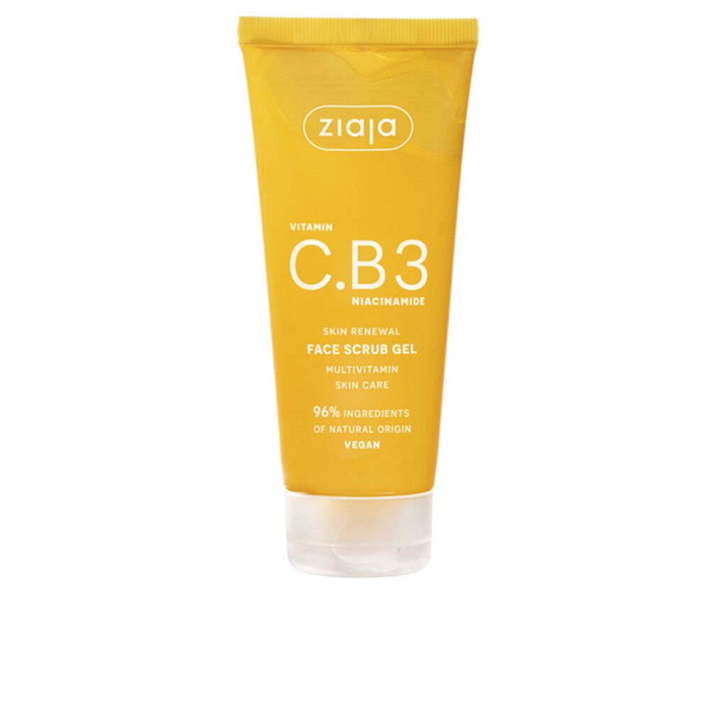 Tubo giallo Ziaja Vitamin C.B3. Scritto: "Skin Renewal Face Scrub Gel". Ingredienti naturali. Vegano.