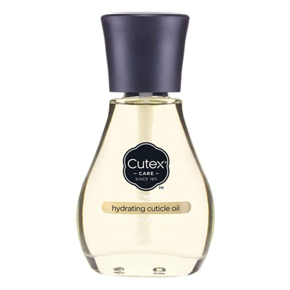 Olio Cutex per cuticole. Flacone a goccia con tappo scuro. Olio visibile. Logo e nome del prodotto sull'etichetta.
