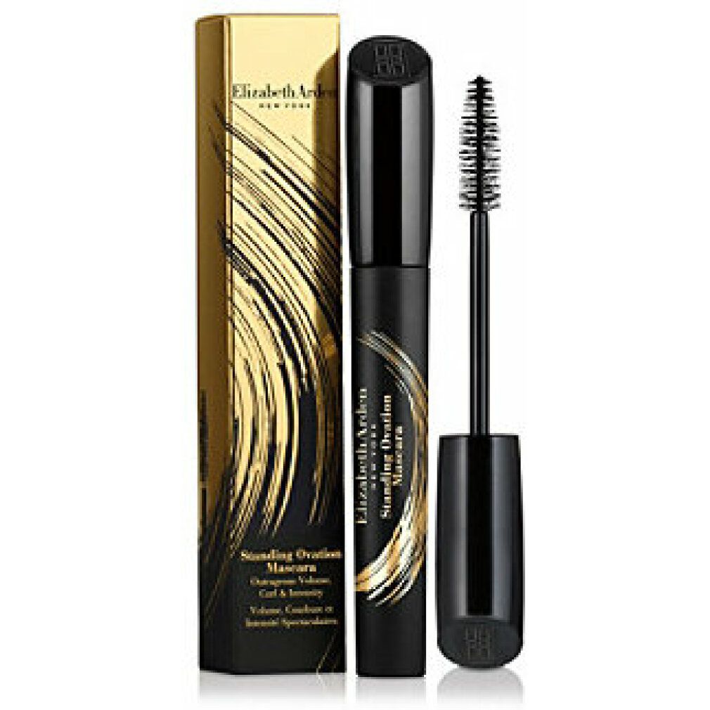 Mascara nero Elizabeth Arden Standing Ovation con confezione e spazzola. Scritta dorata. Marchio e nome visibili.
