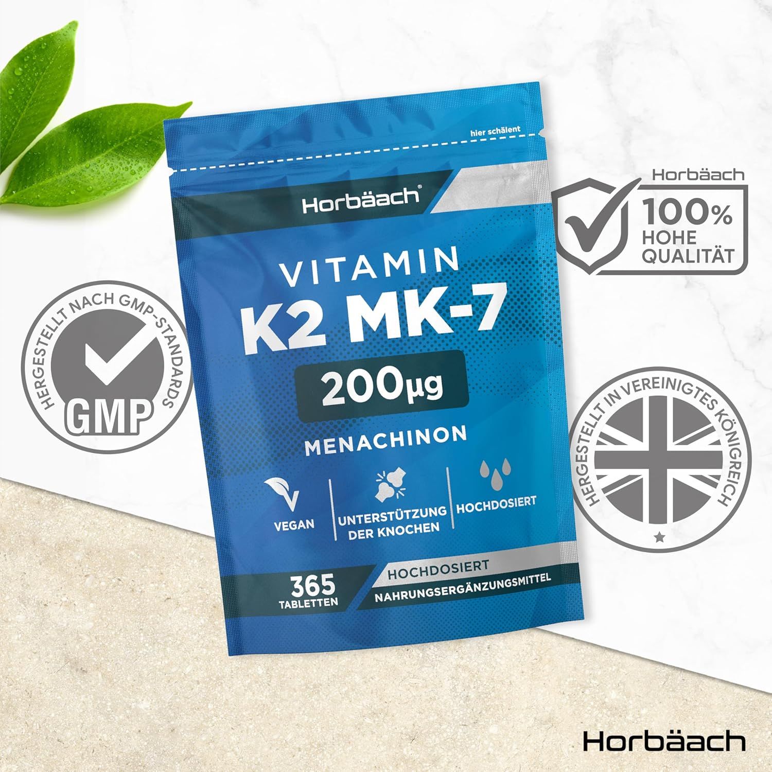 Confezione blu Horbaach Vitamina K2 MK-7, 200µg, 365 compresse. GMP, 100% alta qualità, prodotto nel Regno Unito.