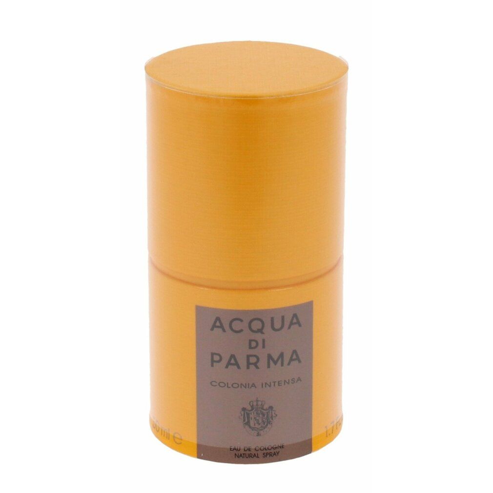Confezione cilindrica arancione. Etichetta con testo: ACQUA DI PARMA, COLONIA INTENSA. Eau de Cologne Natural Spray.
