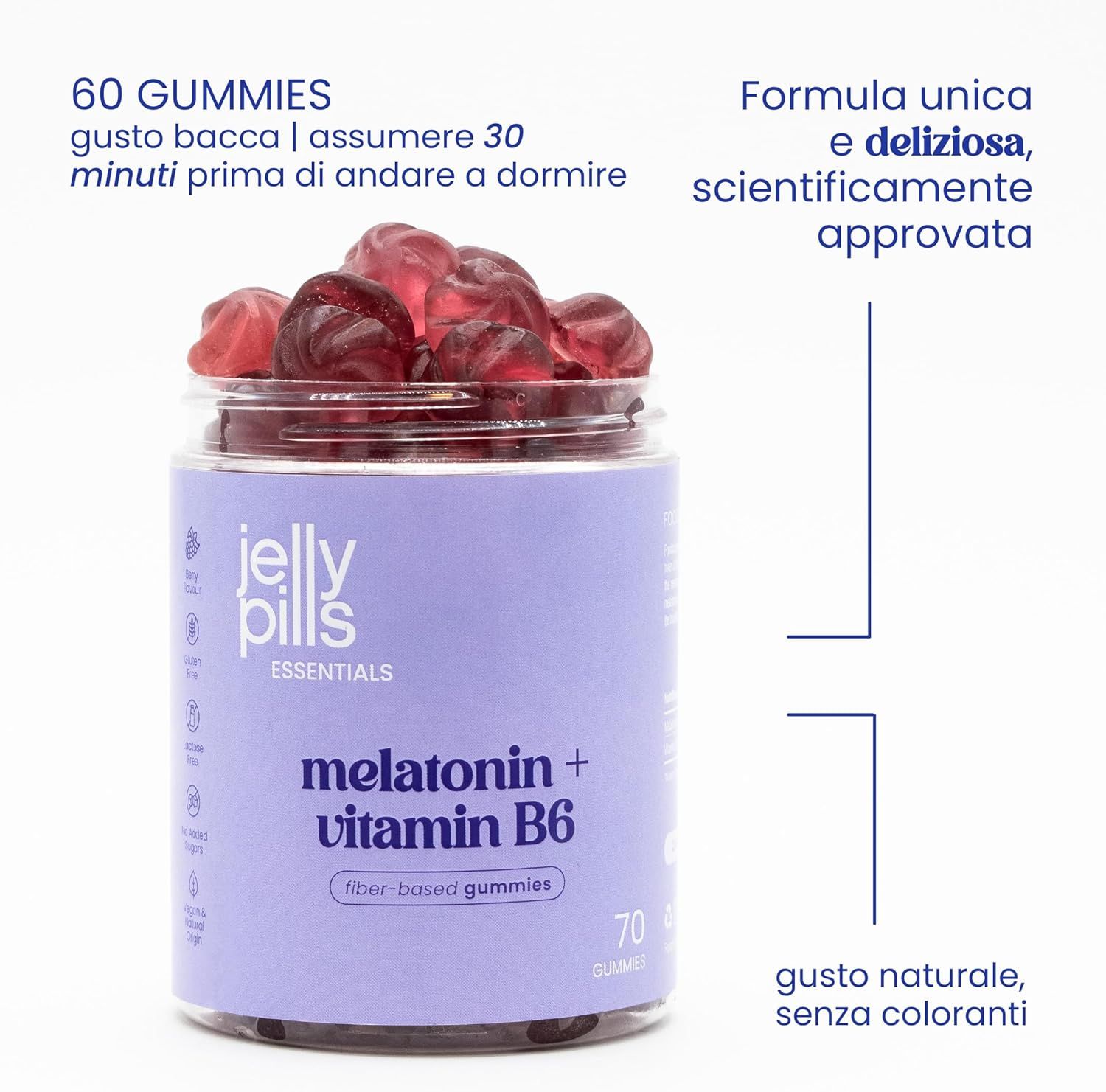 Jelly Pills Essentials Melatonina + Vitamina B6. Barattolo viola con 70 caramelle gommose. Scritta: 60 caramelle gommose, gusto lampone. Scientificamente provato.