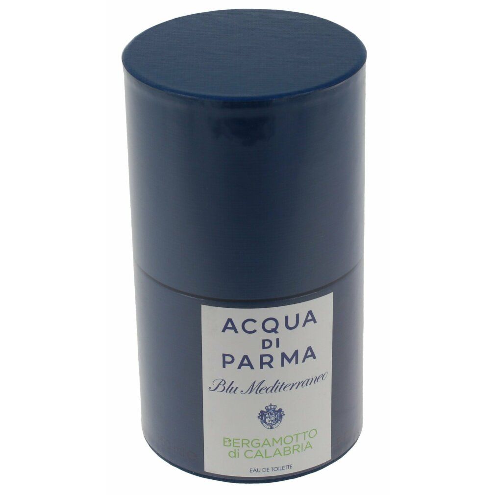 Confezione cilindrica blu. Scritta: Acqua Di Parma Blu Mediterraneo Bergamotto di Calabria.