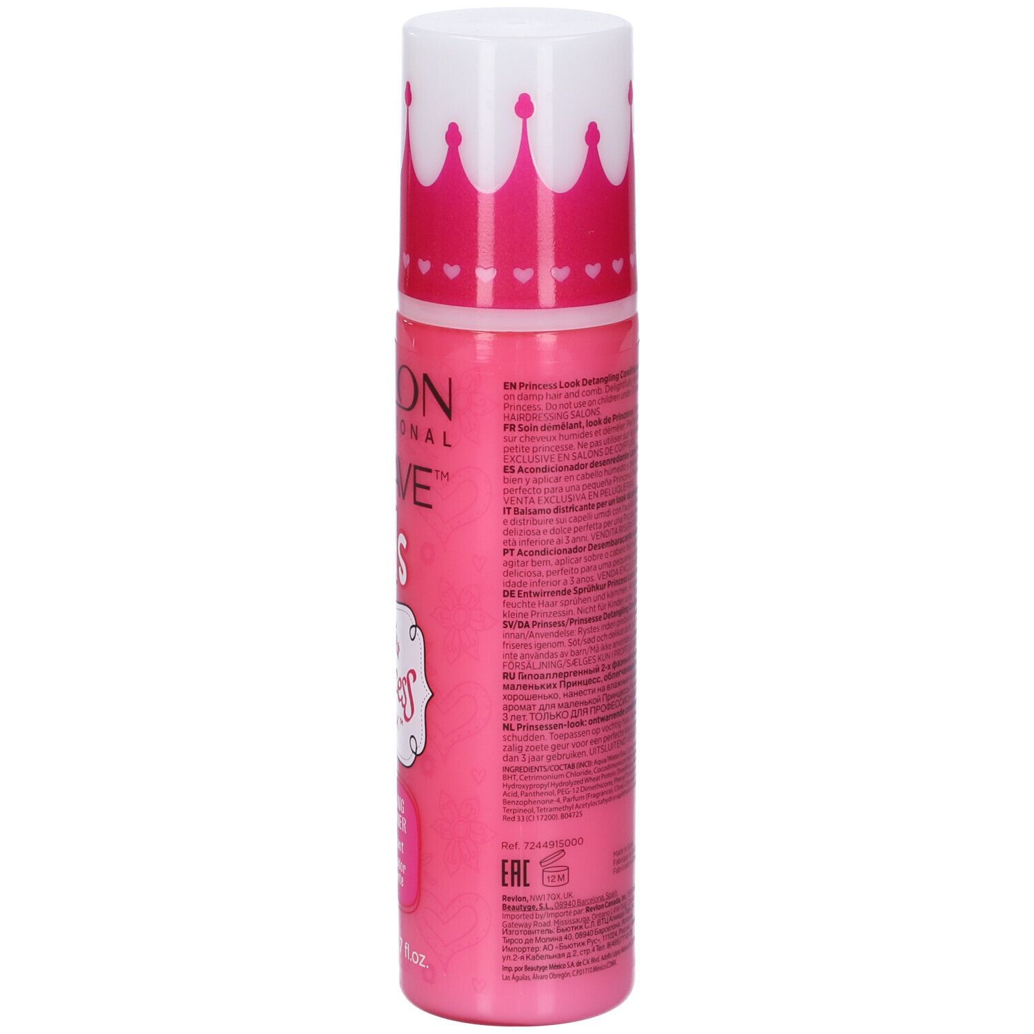 Flacone rosa con tappo a corona bianco. Scritta: Revlon Equave Kids Princess Look. Balsamo.