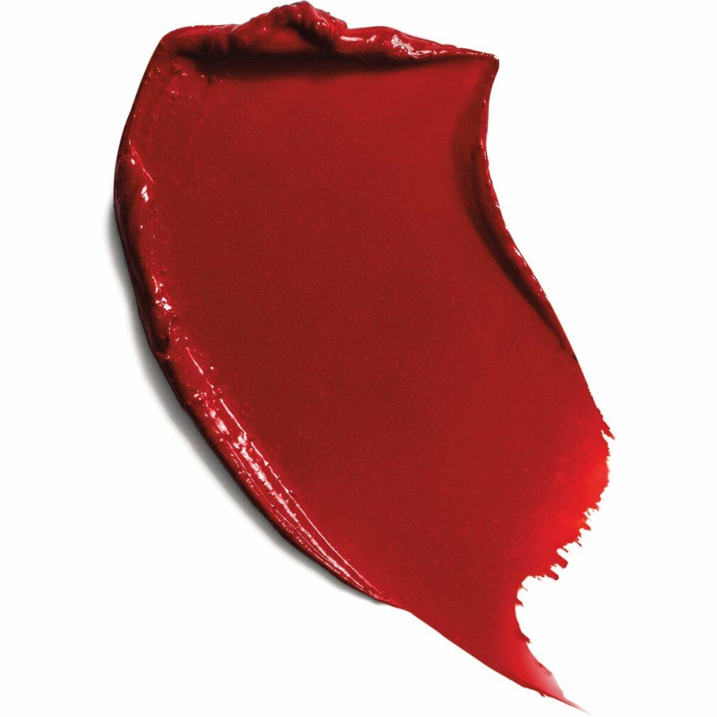 Campione di rossetto rosso. Colore rosso lucido. Forma di una linea curva.