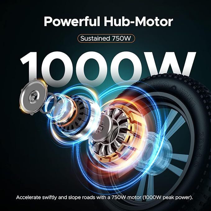 Esploso del motore. Testo: Powerful Hub-Motor, Sustained 750W, 1000W. Accelera rapidamente e affronta le salite con un motore da 750W (1000W potenza di picco).