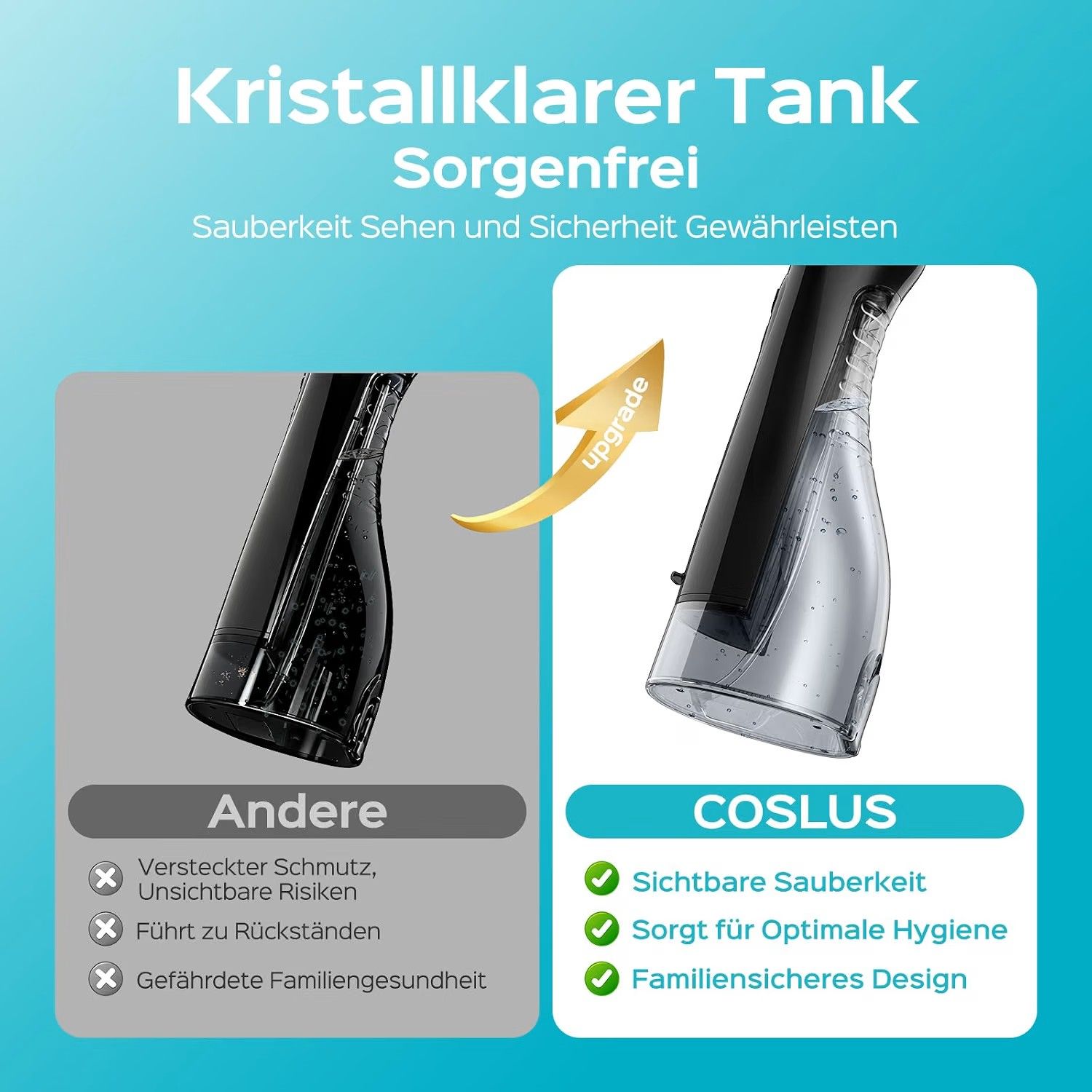 Confronto tra due serbatoi d'acqua: trasparente per COSLUS, scuro per altri. COSLUS mostra pulizia visibile.
