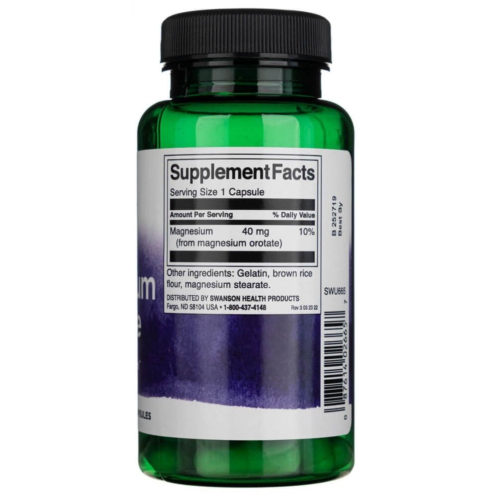 Retro del flacone di magnesio orotato con informazioni nutrizionali e ingredienti.