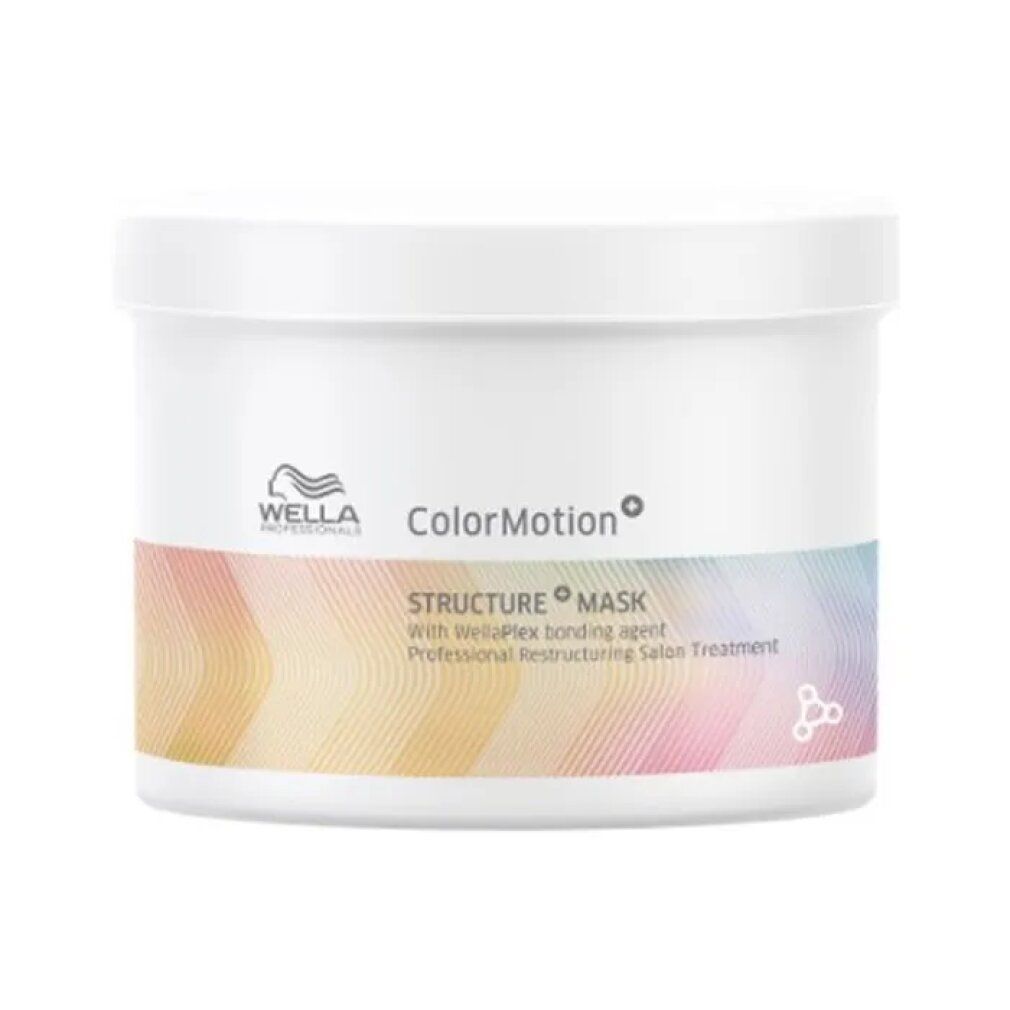 Vaso bianco con etichetta colorata. Scritta: Wella ColorMotion+ Structure Mask.