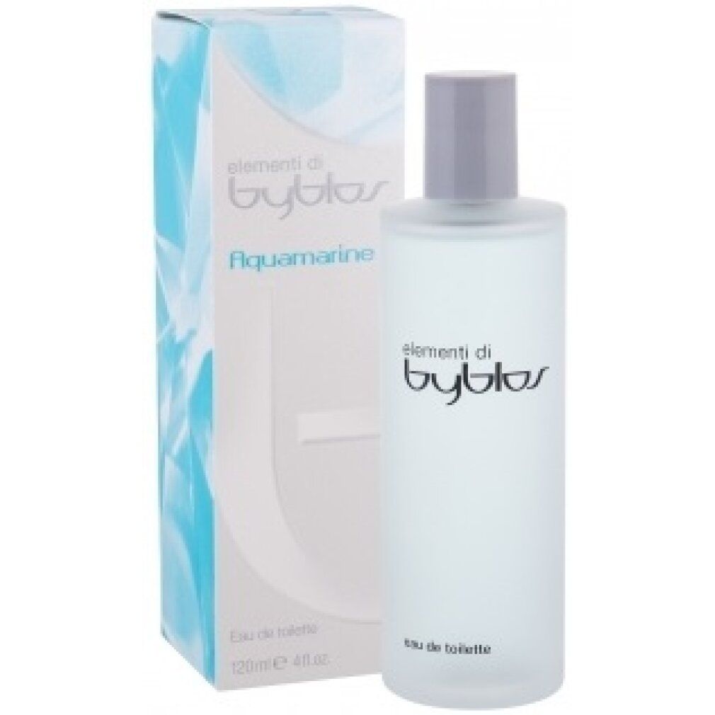 Flacone e confezione Byblos Aquamarine Eau de Toilette. Flacone in vetro smerigliato, tappo grigio. Confezione con design blu.