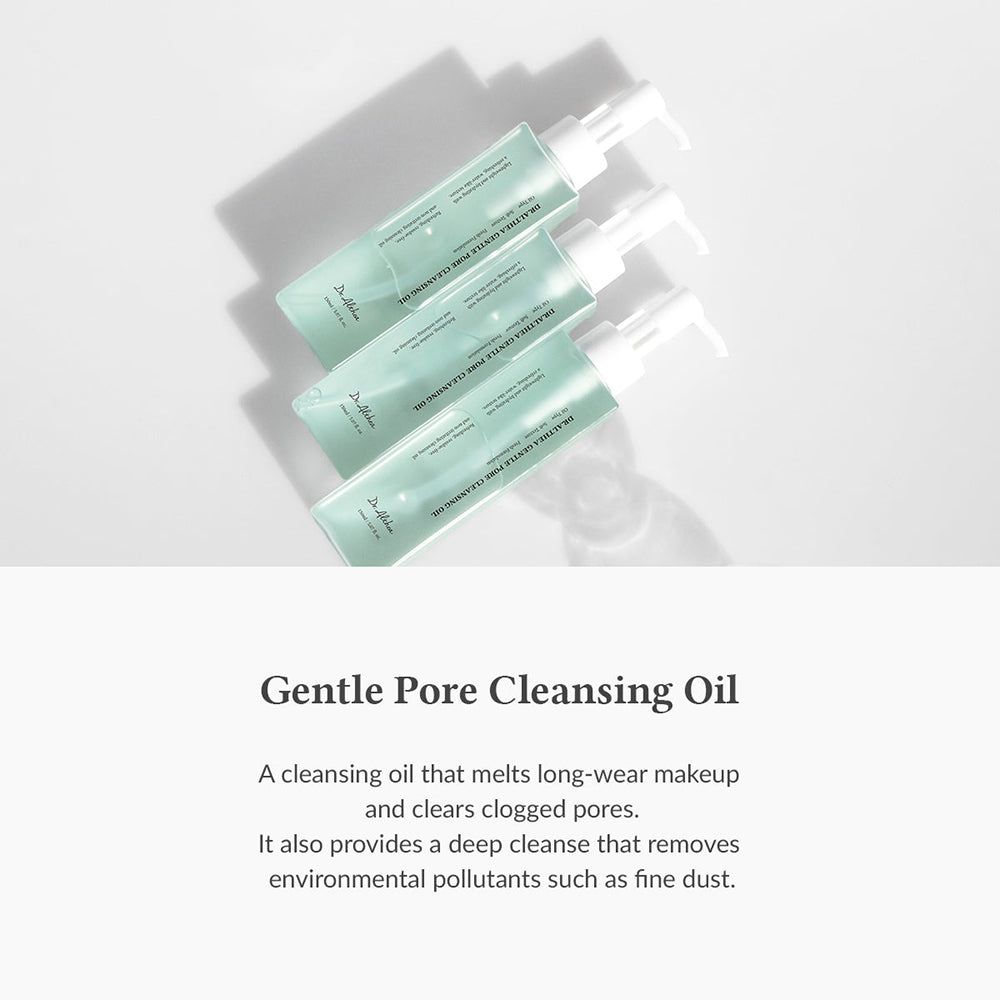 Tre flaconi di olio detergente vegano Dr. Althea Gentle Pore uno accanto all'altro su sfondo bianco.