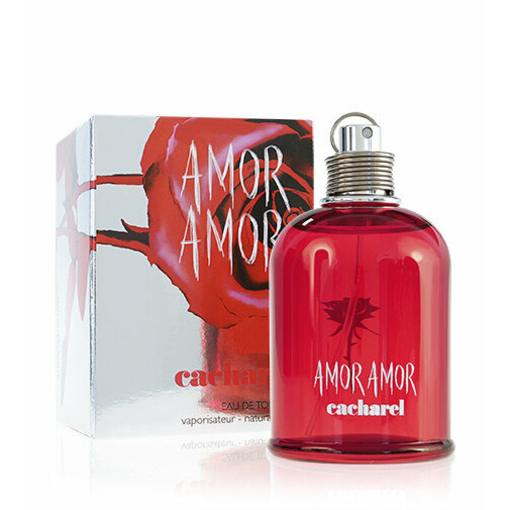 Flacone rosso e scatola. Scritta: AMOR AMOR, cacharel. Design rosa. Eau de Toilette.