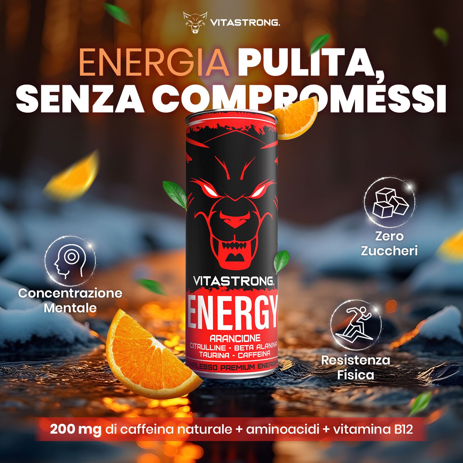 Lattina Vitastrong Energy Orange. Immagini con icone e testo. Fette d'arancia e gocce.