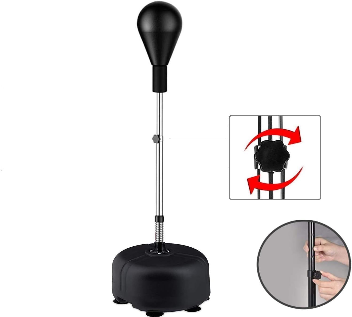 Sacco da boxe nero con base. Il sacco ha una forma a pera ed è fissato a un'asta regolabile. Viste dettagliate.