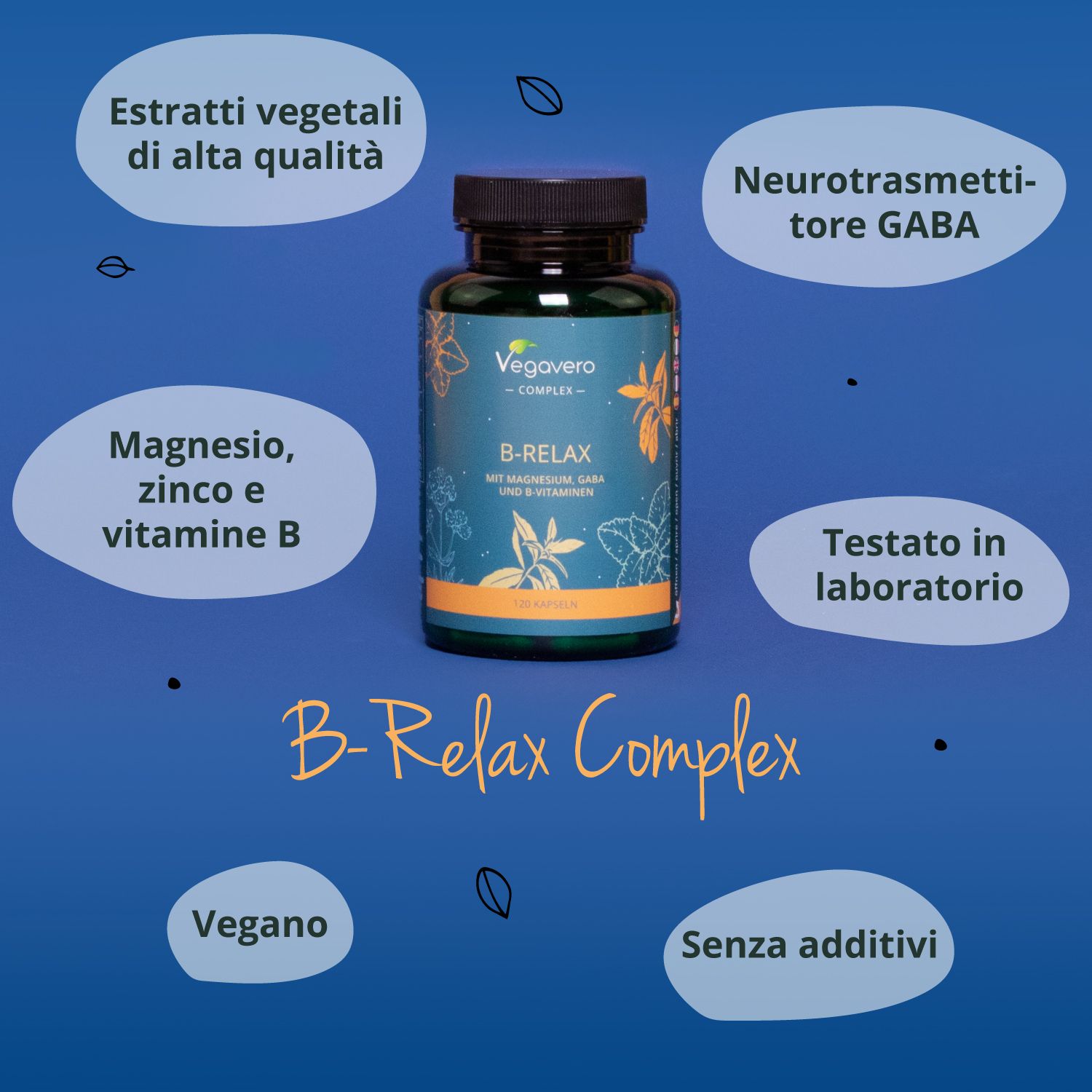 Flacone B-Relax con testo. Scritta: Vegavaro, B-Relax Complex. Ulteriori informazioni in cerchi.