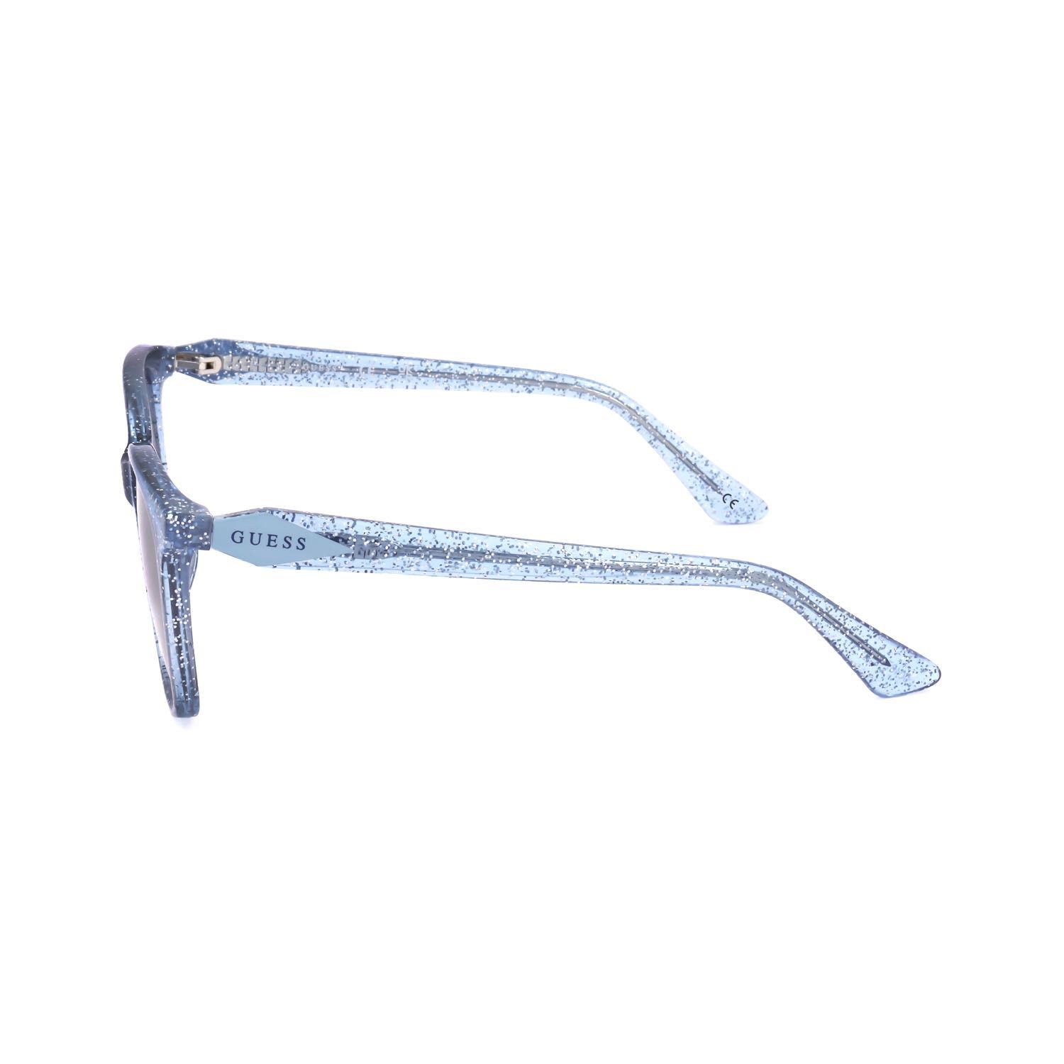 Occhiali Guess blu glitterati, vista laterale.