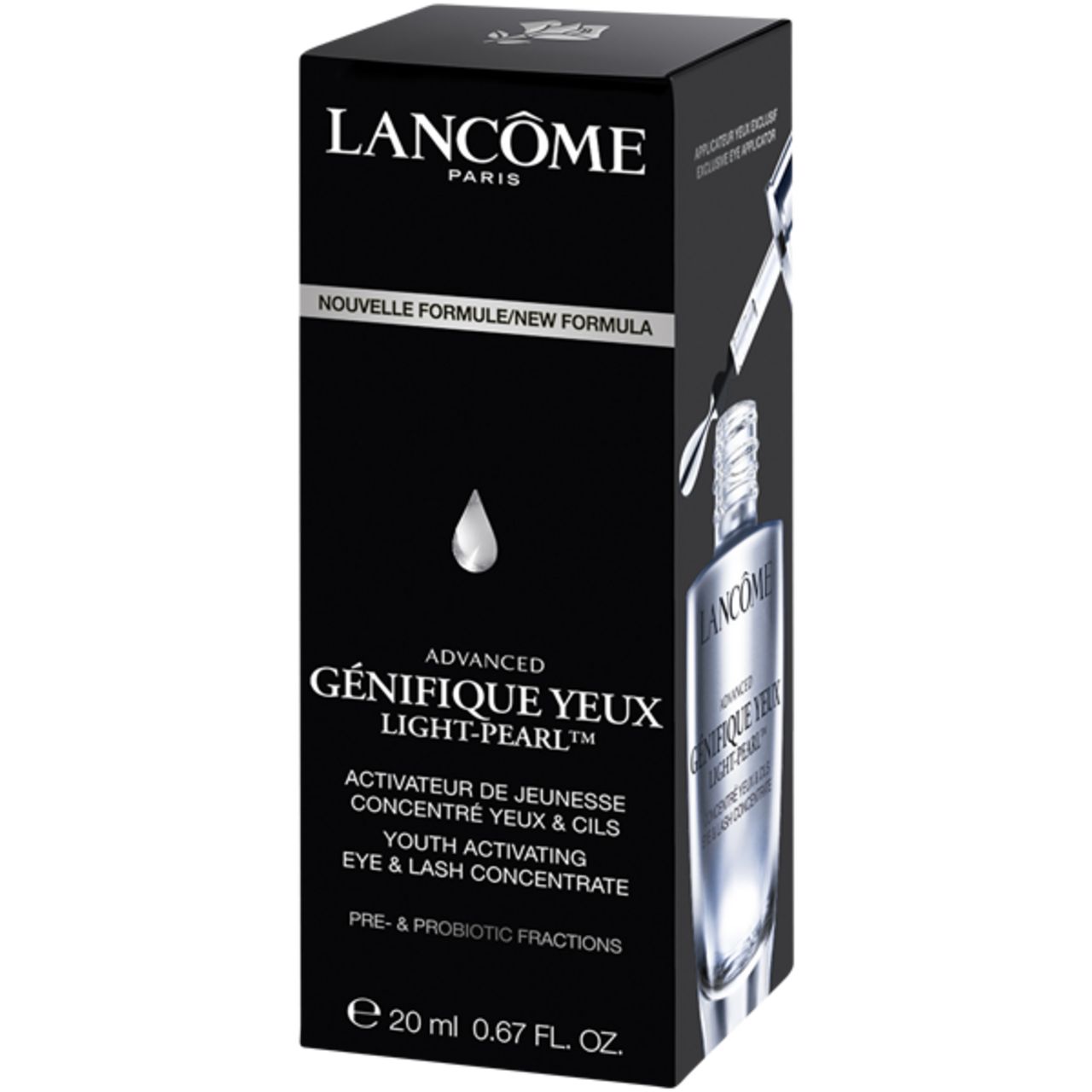 Confezione nera con immagine del prodotto e scritta: LANCOME GENIFIQUE YEUX LIGHT-PEARL. Contiene 20 ml.