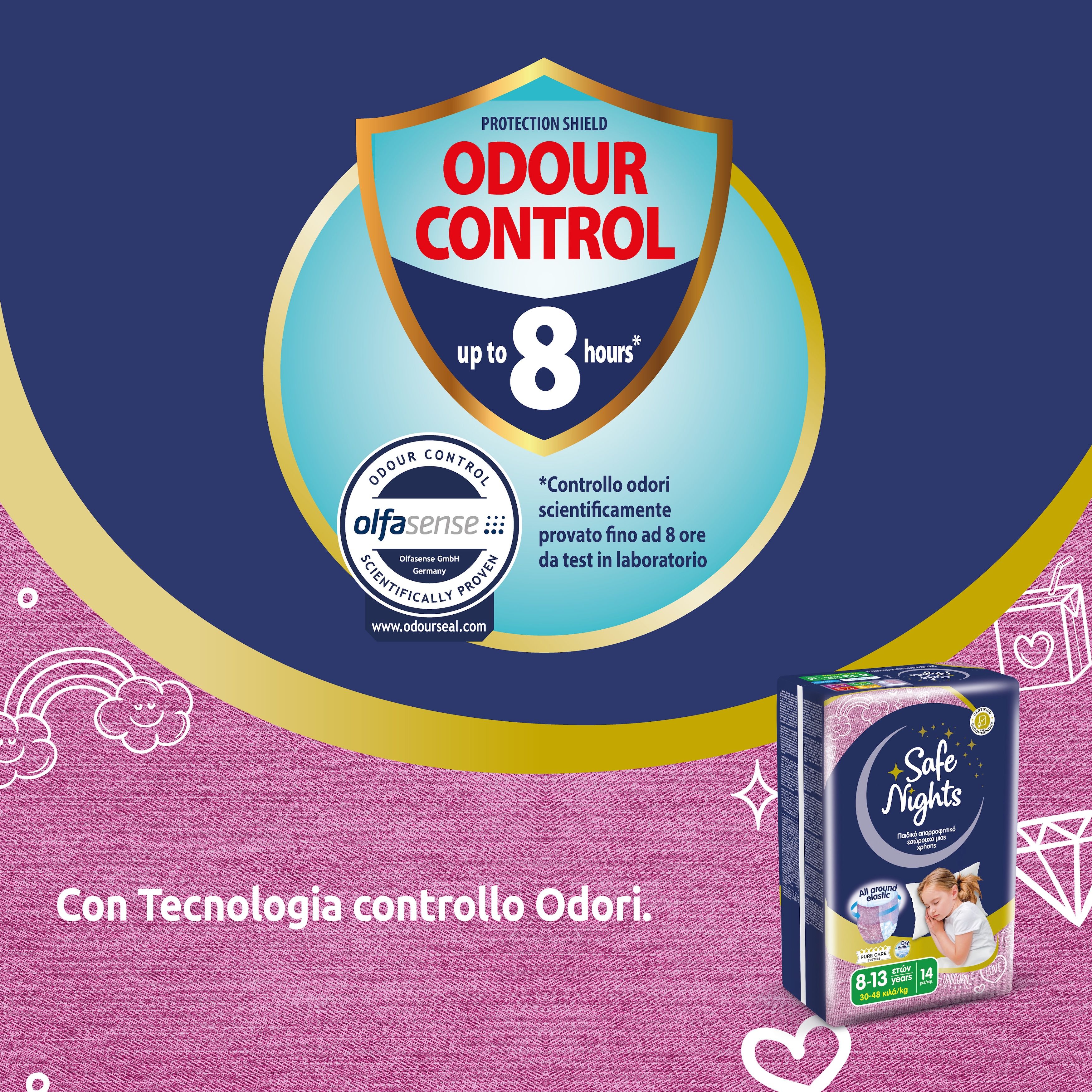 Babylino Safe Nights Girls Pants. Controllo odori fino a 8 ore. Confezione con immagine. Sfondo blu.