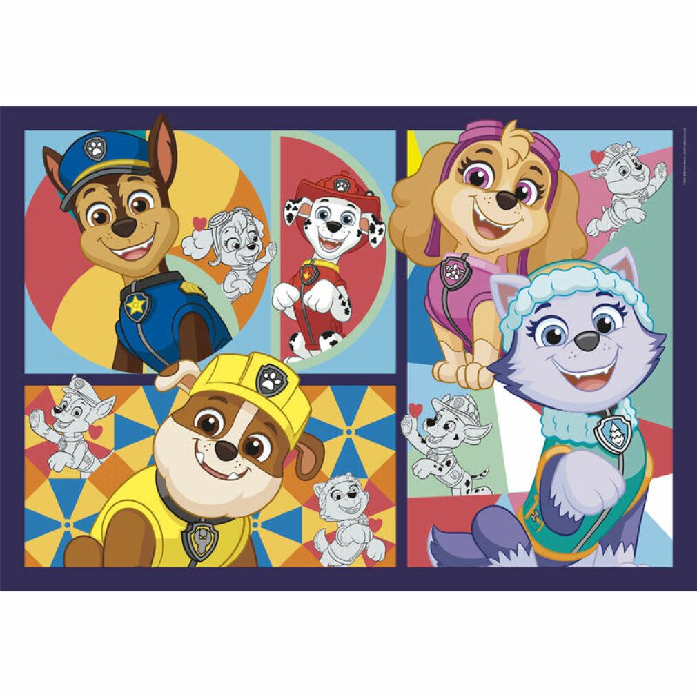 Puzzle con motivi Paw Patrol. Diversi personaggi di cani su sfondo colorato. Forma rettangolare.