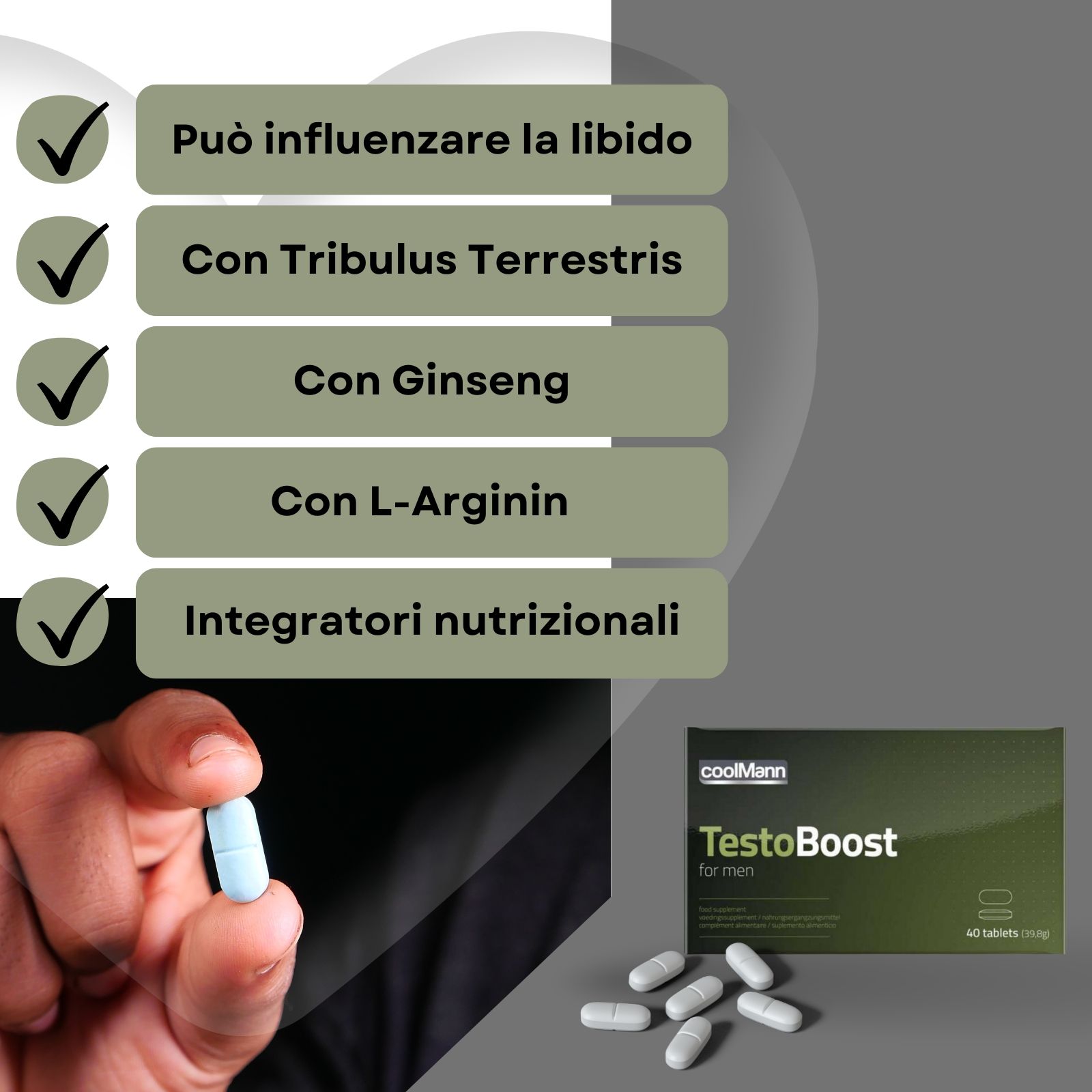 Grafica con confezione Coolmann TestoBoost. Contiene informazioni sugli ingredienti e l'uso.