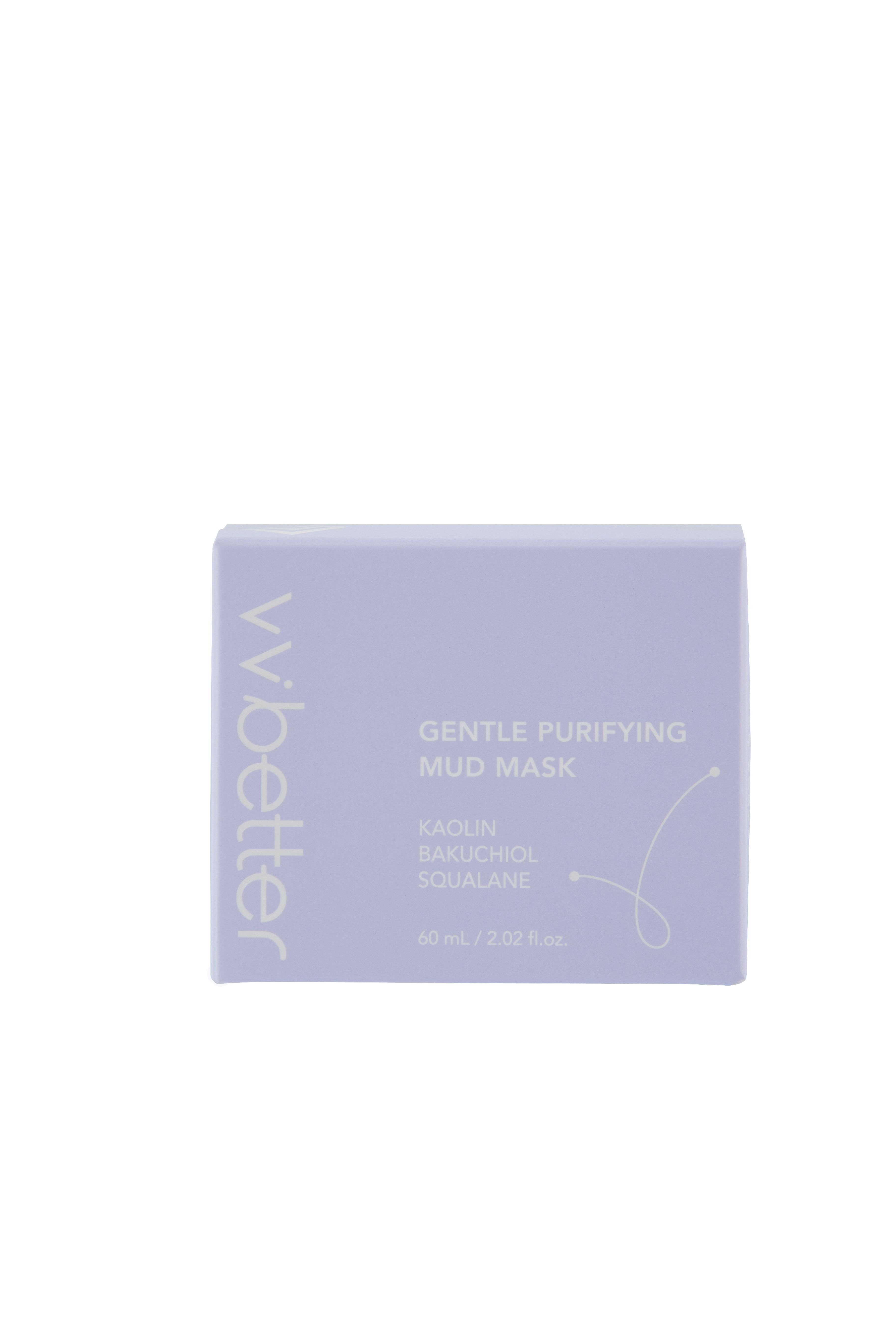 Scatola viola con scritta: wbetter, Gentle Purifying Mud Mask. Ingredienti: Kaolin, Bakuchiol, Squalane. 60 ml / 2.02 fl.oz.
