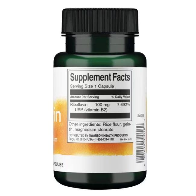 Retro del flacone verde. Scritta: Supplement Facts. Contiene riboflavina 100 mg. Altri ingredienti: farina di riso, gelatina, magnesio stearato.