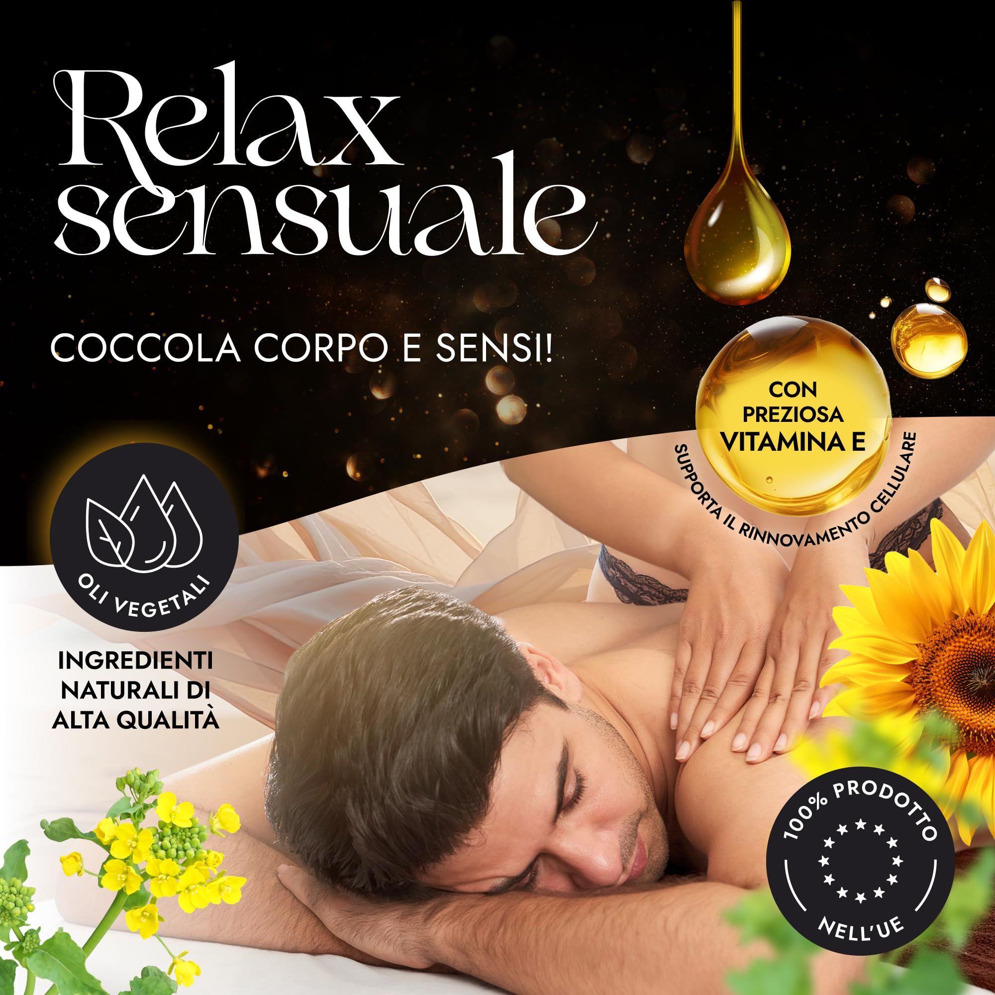 Un uomo riceve un massaggio alla schiena con olio Loovara, circondato da fiori.