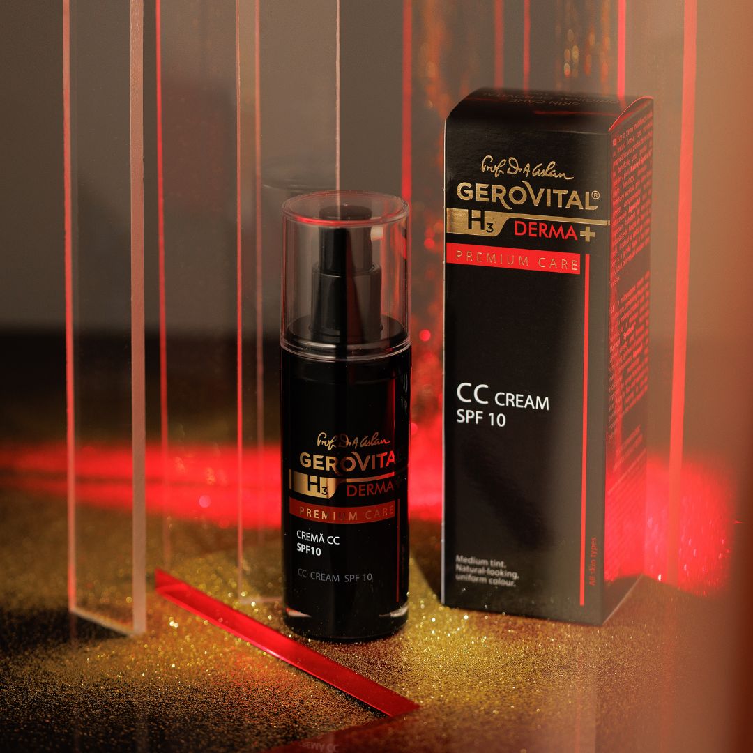 Scatola nera e flacone con vaporizzatore. Scritta: Gerovital H3 Derma+, Premium Care, CC Cream SPF 10.