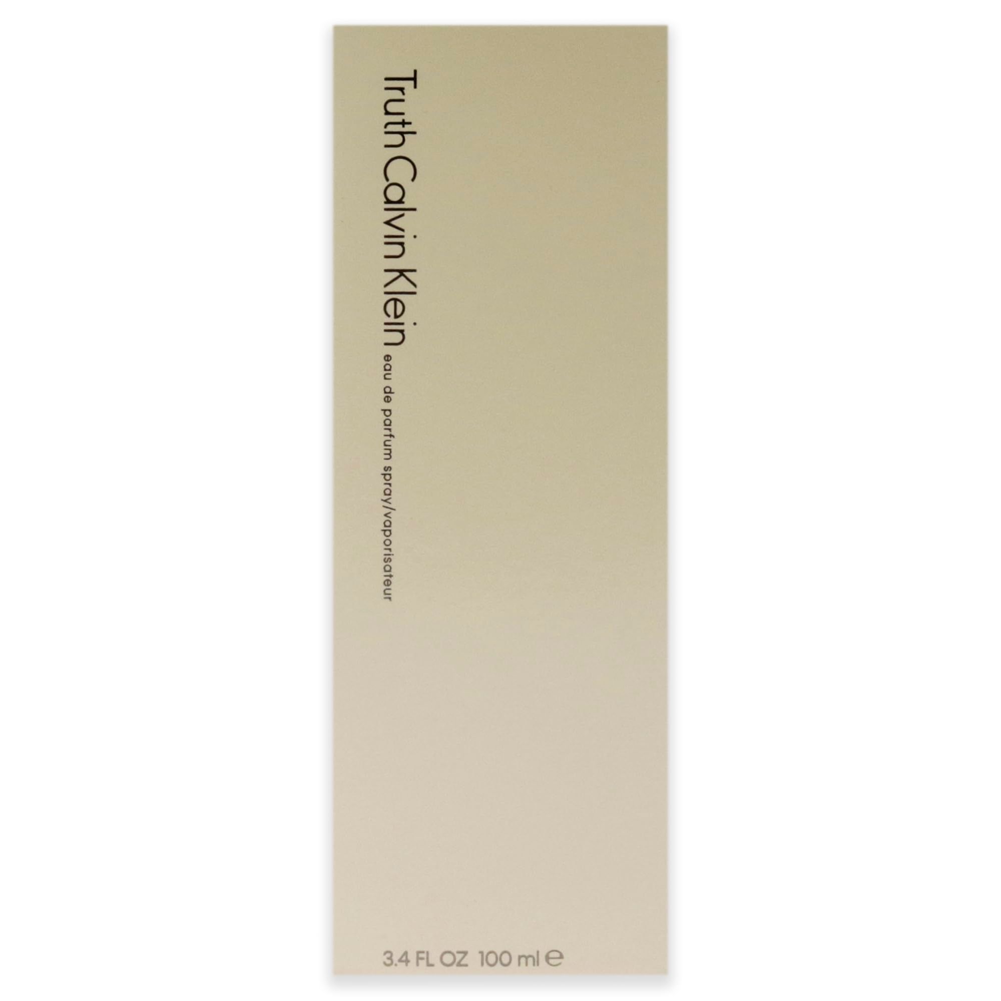 Confezione beige. Scritta: Truth Calvin Klein, Eau de parfum spray/vaporisateur. 3.4 fl oz 100 ml.