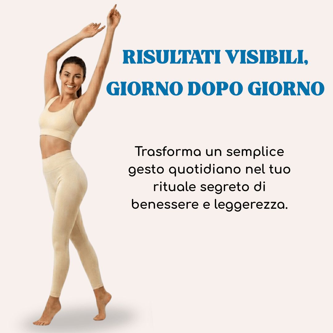 Donna sorridente in abbigliamento sportivo con braccia alzate. Testo sottolinea risultati visibili e benessere.