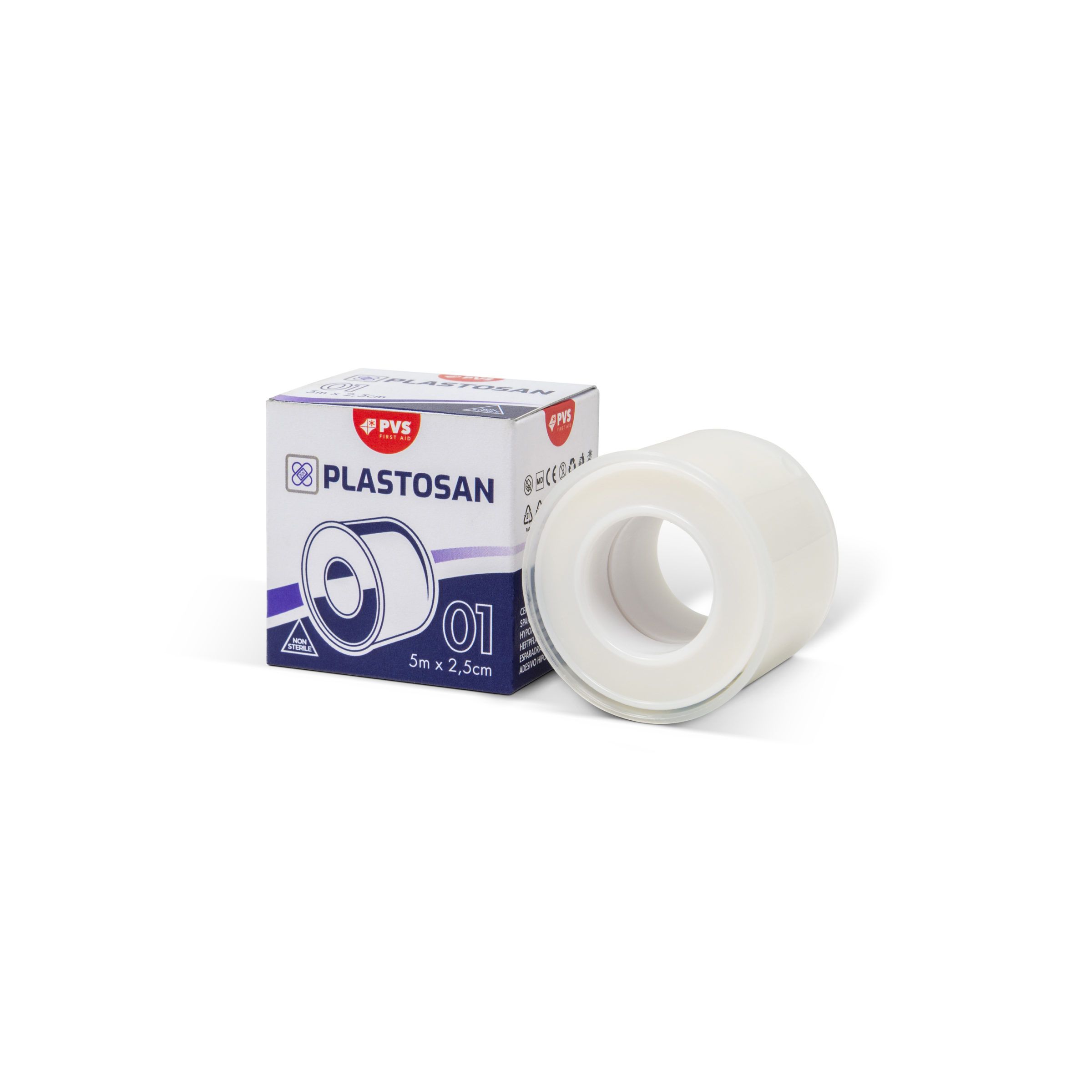 Rotolo e confezione di cerotto. Scritta PLASTOSAN, 5 m x 2,5 cm. Cerotto bianco ipoallergenico.