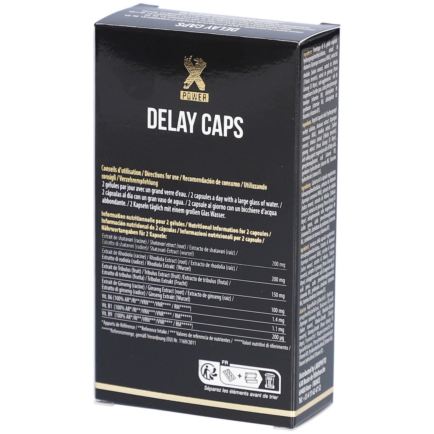 Scatola nera con "X POWER DELAY CAPS". Retro con istruzioni e informazioni nutrizionali. Testo multilingue.