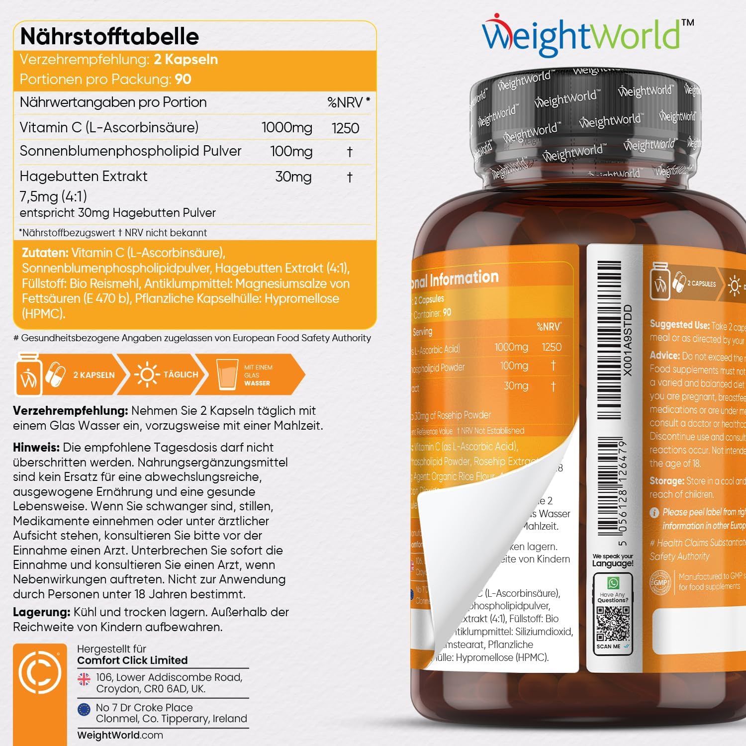 Tabella nutrizionale per WeightWorld Liposomales Vitamin C. Contiene vitamina C, polvere di fosfolipidi di girasole ed estratto di rosa canina.