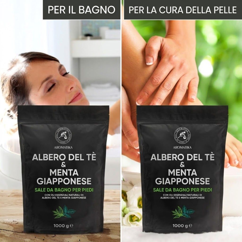 Due immagini. Sinistra: donna in bagno. Destra: donna con i piedi. Confezione nera. Testo: 'Per il bagno' e 'Per la cura della pelle'.
