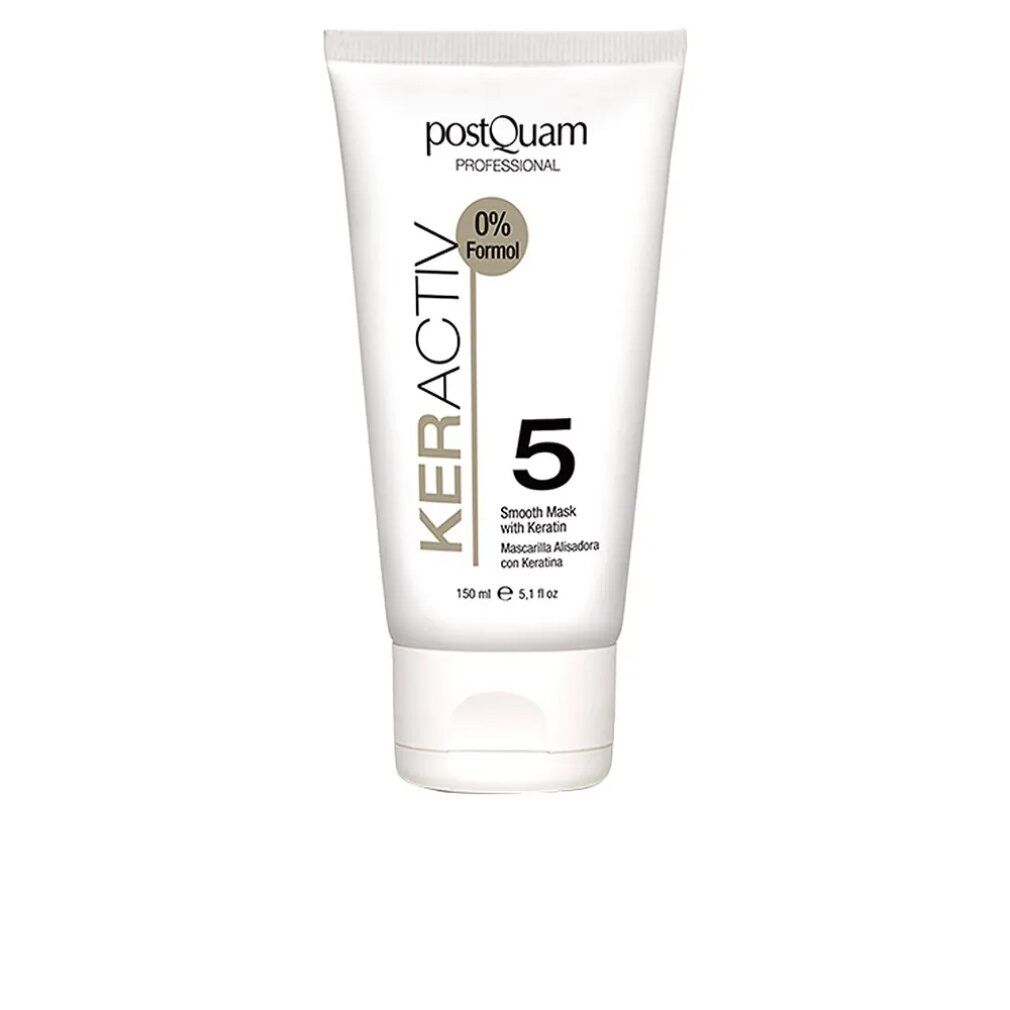 Tubo bianco con scritta nera KERACTIV 5, 'Smooth Mask with Keratin'. Marca: postQuam PROFESSIONAL. 0% Formal.