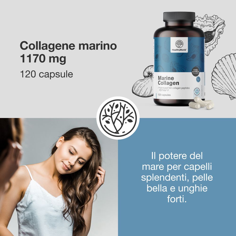 Flacone con testo: Collagene marino 1170 mg, 120 capsule. Logo: HealthyWorld. Donna tocca i capelli.