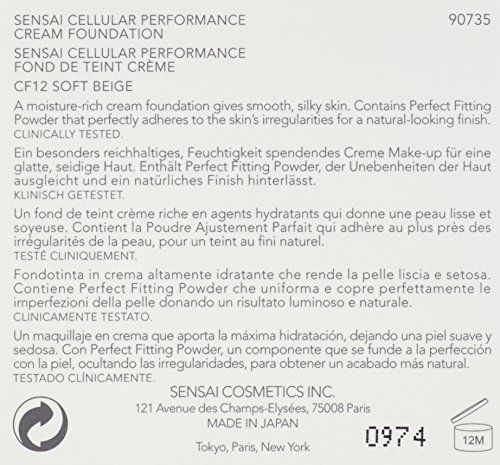 Testo su sfondo bianco. Nome del prodotto: Sensai Cellular Performance Cream Foundation. Descrizione e ingredienti.