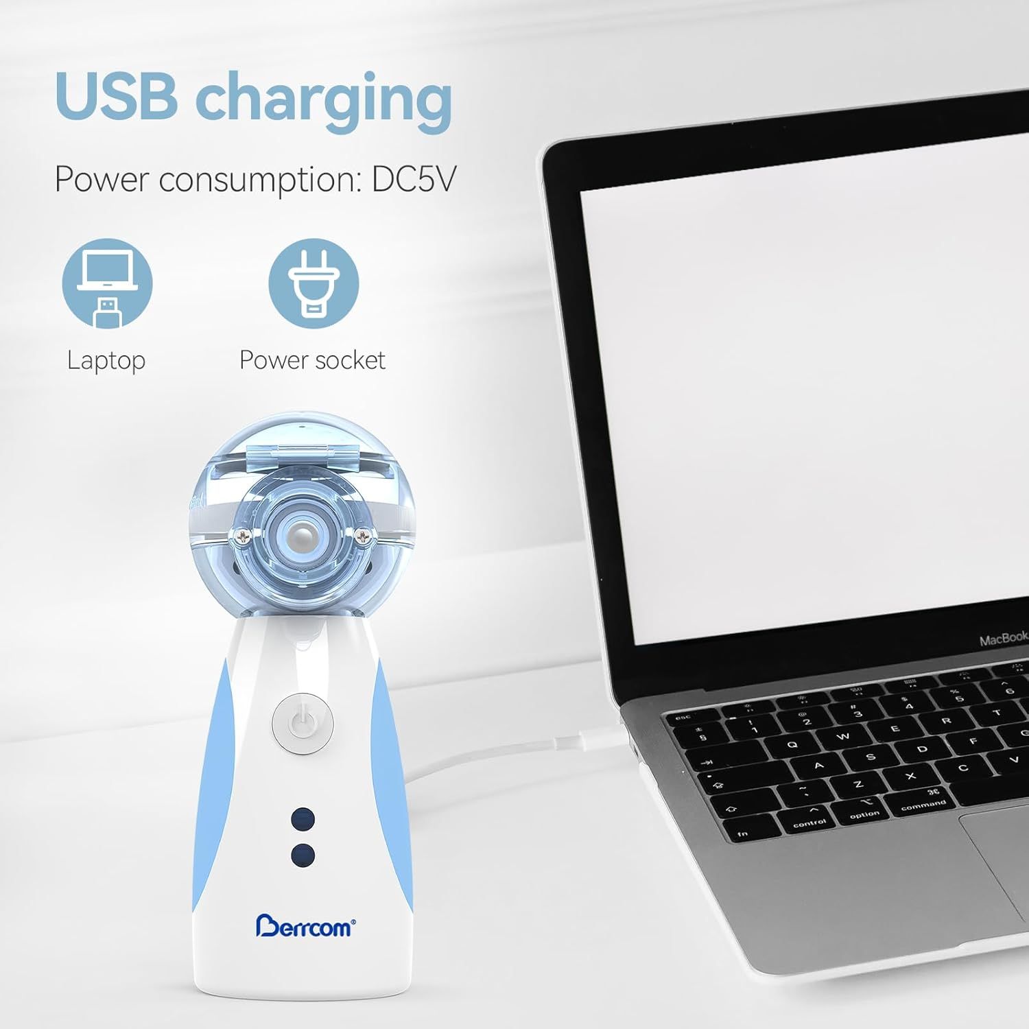 Inalatore bianco e blu accanto a un laptop. Testo: ricarica USB, DC5V. Simboli: laptop, presa di corrente. Marchio: Berrcom.